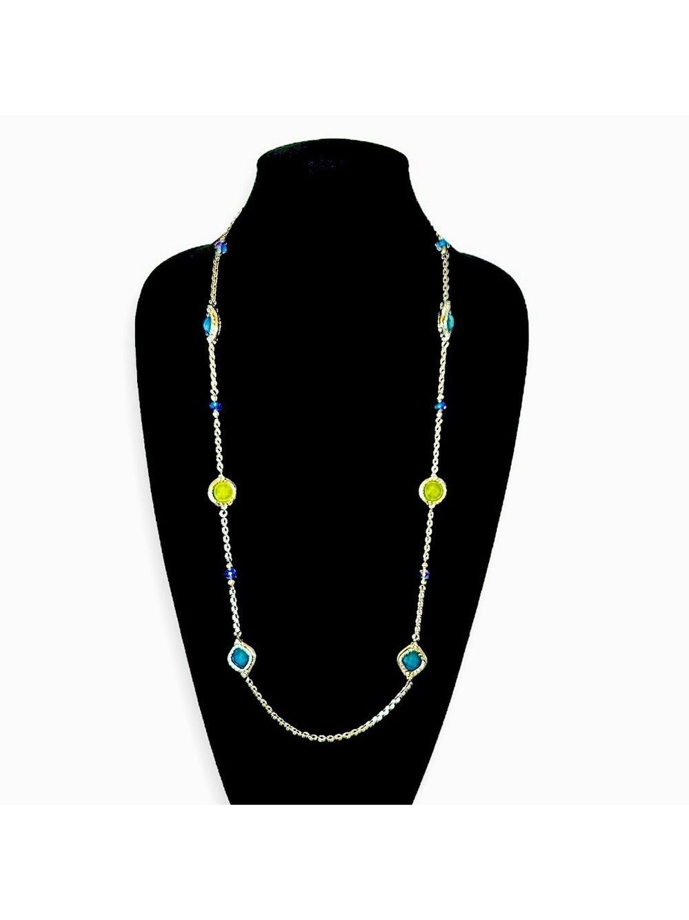 LOFT | Silver-Tone Long Station Necklace with Blue & Green Faceted Beads | NEW